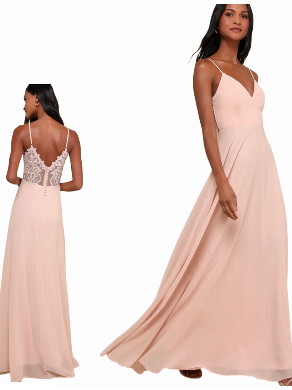 Lulu’s Romantic Ways Blush Pink Lace Button Back Maxi Dress NWT Large